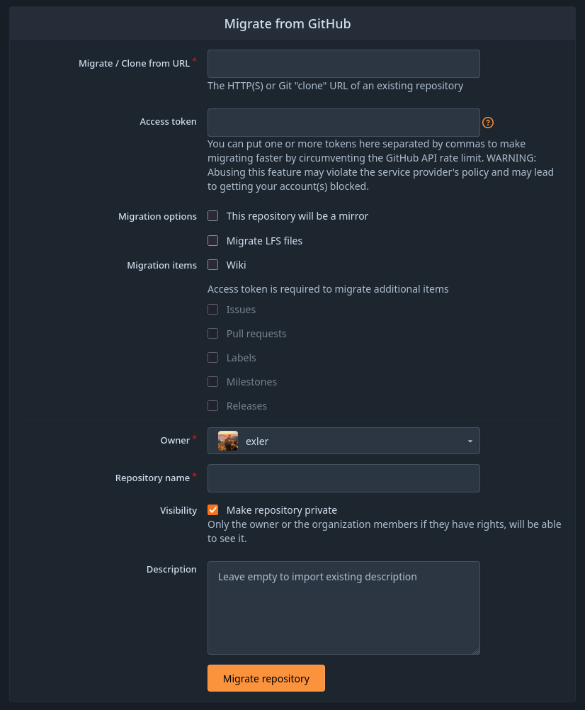 Forgejo "Migrate from GitHub" form