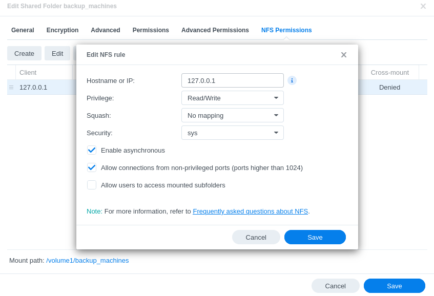 Synology NFS Rule Configuration